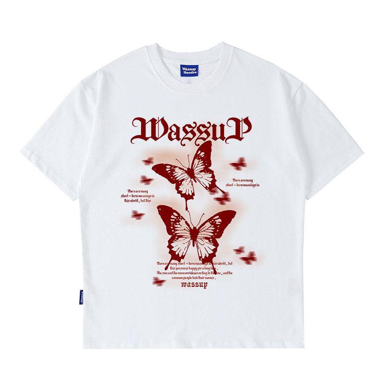 Wassup Heods Trendy Gothic Letter Butterfly Short-Sleeved T-Shirt for Men and Women, Summer Loose Heavyweight Cotton Top
