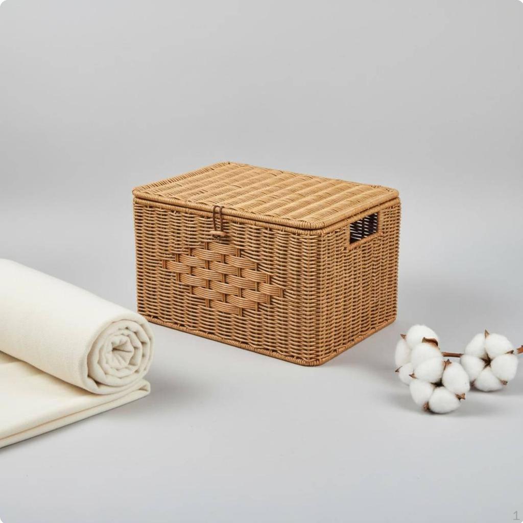 Imitation Rattan Box with Lid Multifunctional Lidded Storage Basket Sturdy and Braided Container
