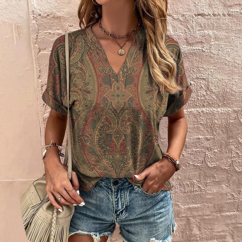 Women's T-shirt retro floral print summer casual V-neck women's clothing short-sleeved T-shirt women's fashion
