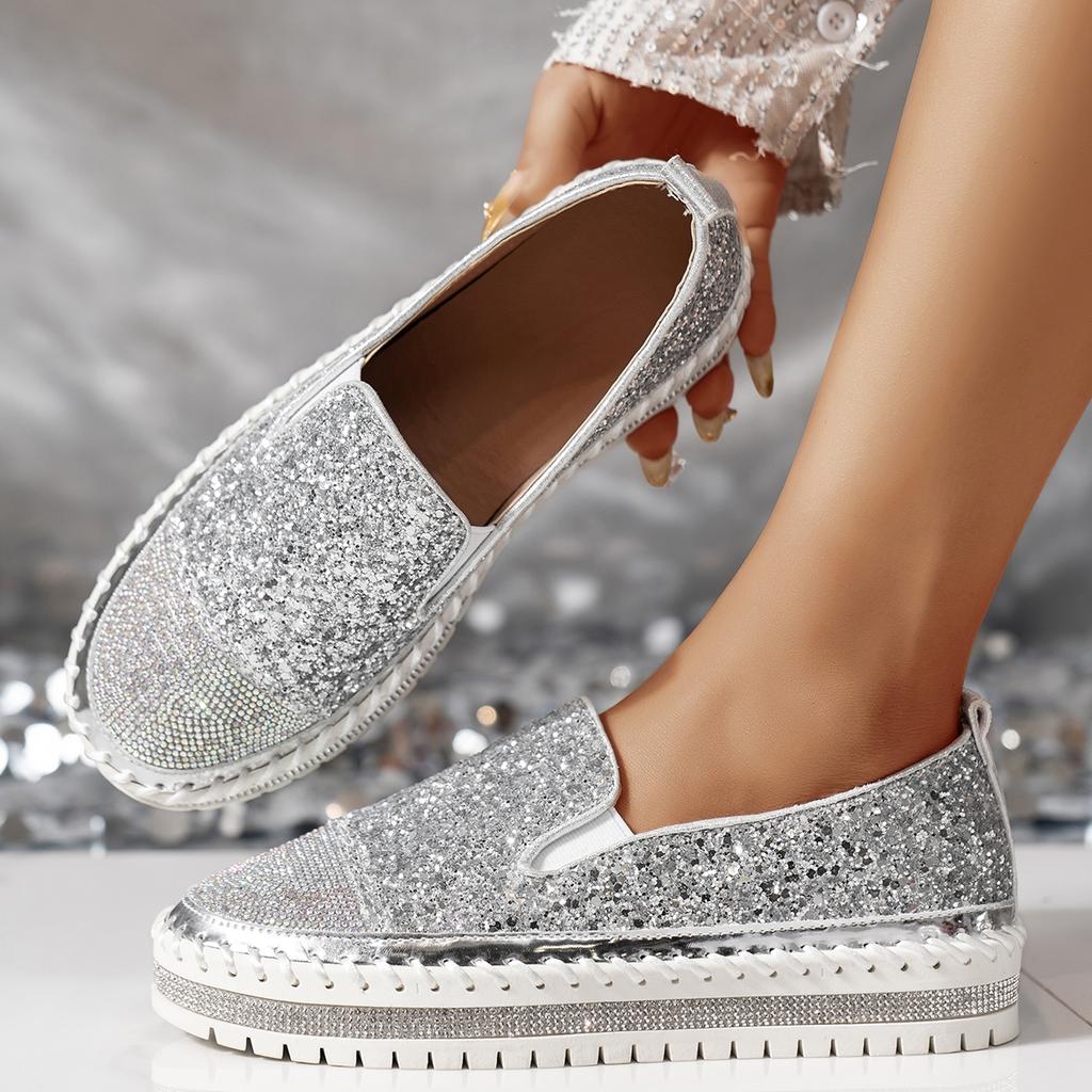 Fashion Women Sneakers 2025 New Women Flat Sequined Sneakers Casual Women Mesh Lace-up Fine Diamond Sequins Platform Vulcanized Shoes