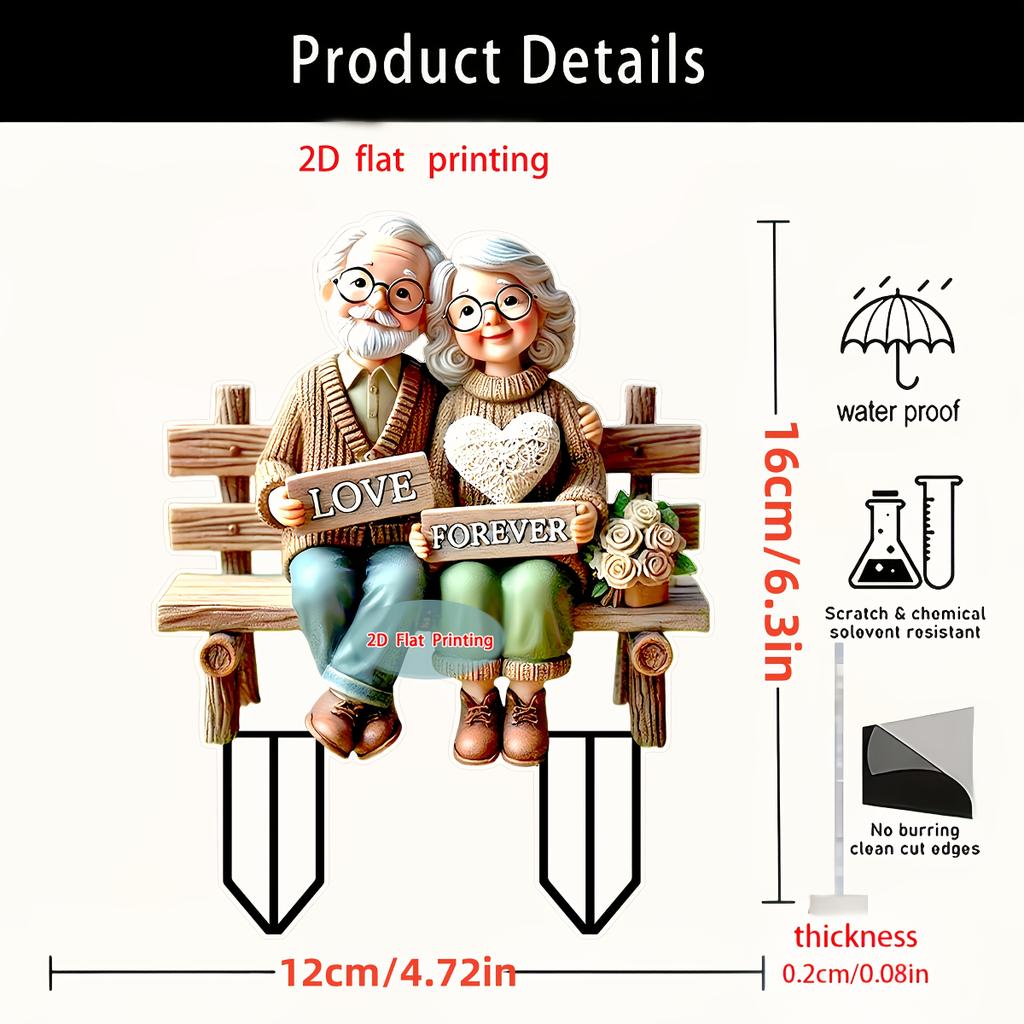 2D Romantic Grandparents on Bench Garden Stake Decor for Lawn Planter Patio, Ideal Festival & Elderly Gift, Perfect Garden Ornament