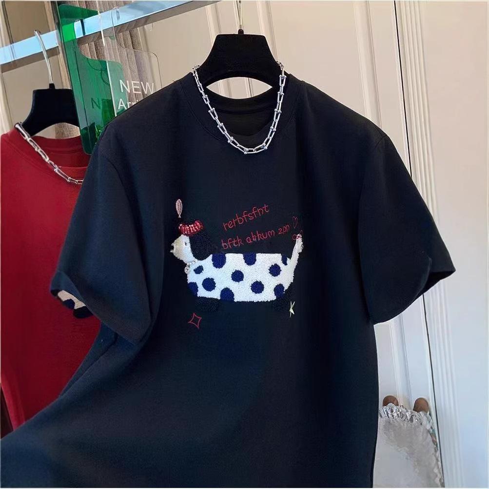 European Plus Size Embroidered Dog Thick Short Sleeve Women's T-shirt for Spring/Autumn