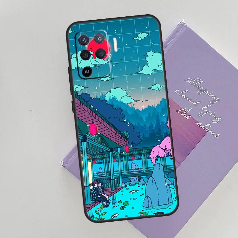 Cyberpunk  Village Neon Anime Case For OPPO Reno 5 Lite 2Z 2F A15 A52 A72 A83 A54 A74 A94 A5 A9 A31 A53 A53S 2020 Cover