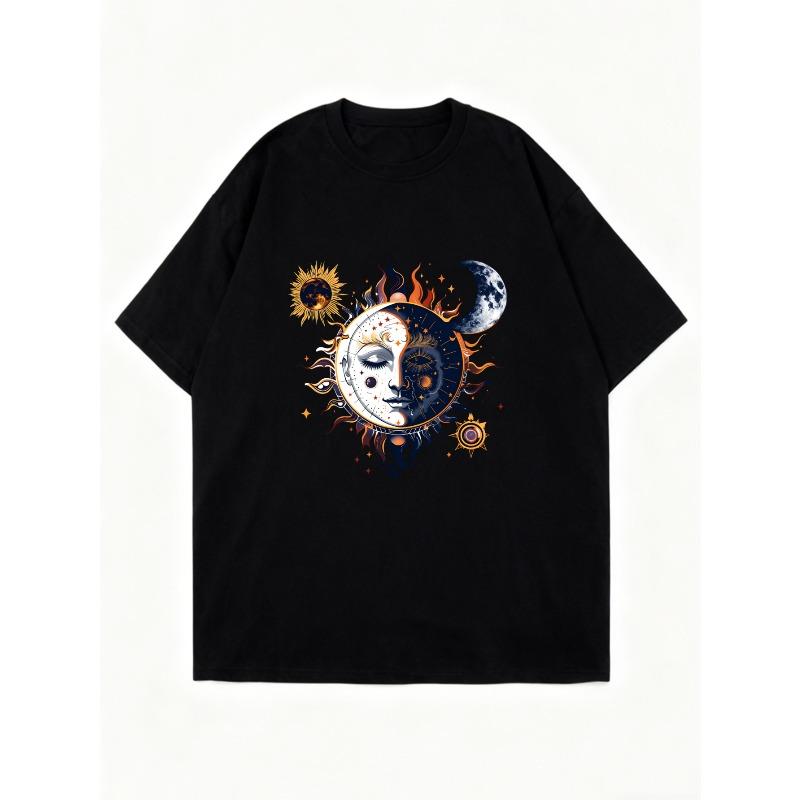 Oversized T Shirt Dress Black Sun And Moon Face Print For Casual Wear