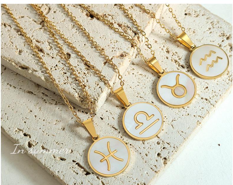 French-Inspired Zodiac Pendant with White Mother-of-Pearl Inlay On 18K Gold-Plated Chain