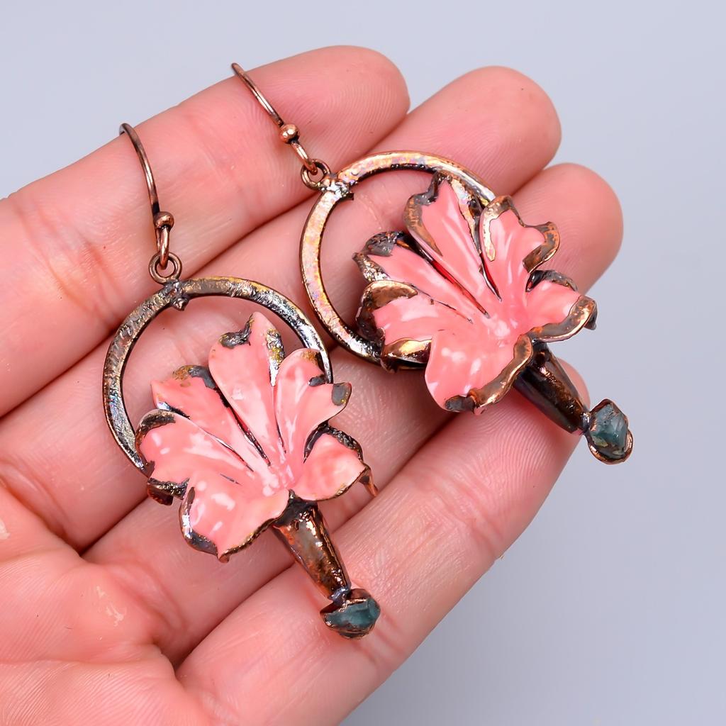 Opal Stone Dangling October Electroformed Hook Anniversary Gift Earrings Copper V-69