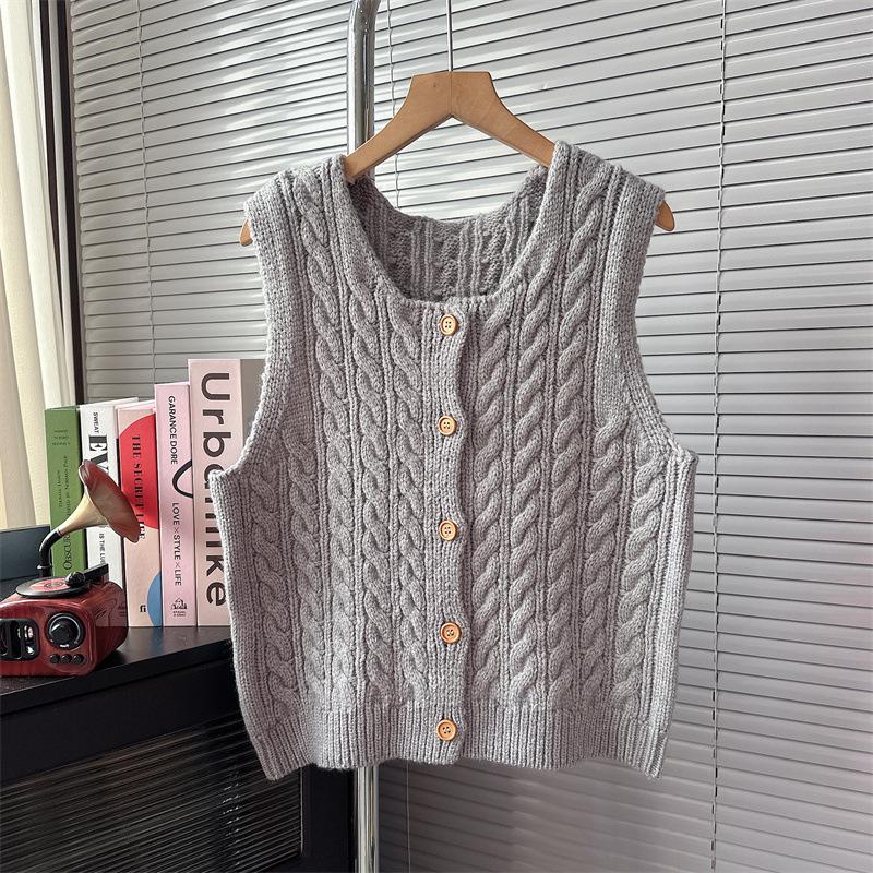 

Винтажный трикотажный жилет с круглым вырезом, женский весенний короткий срез, однобортный свитер, кардиган, плечи One Size серый