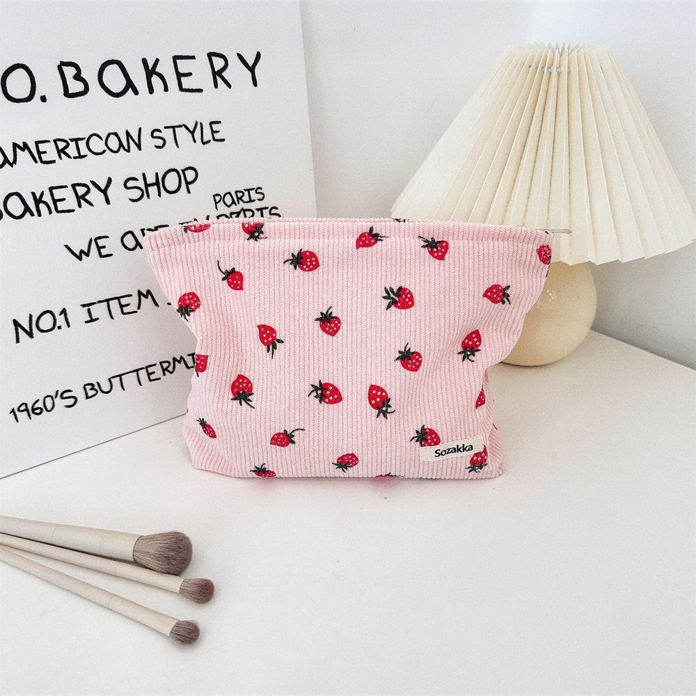 Strawberry Print Corduroy Shoulder Bag - Casual, Large Capacity for Commuting and Daily Essentials