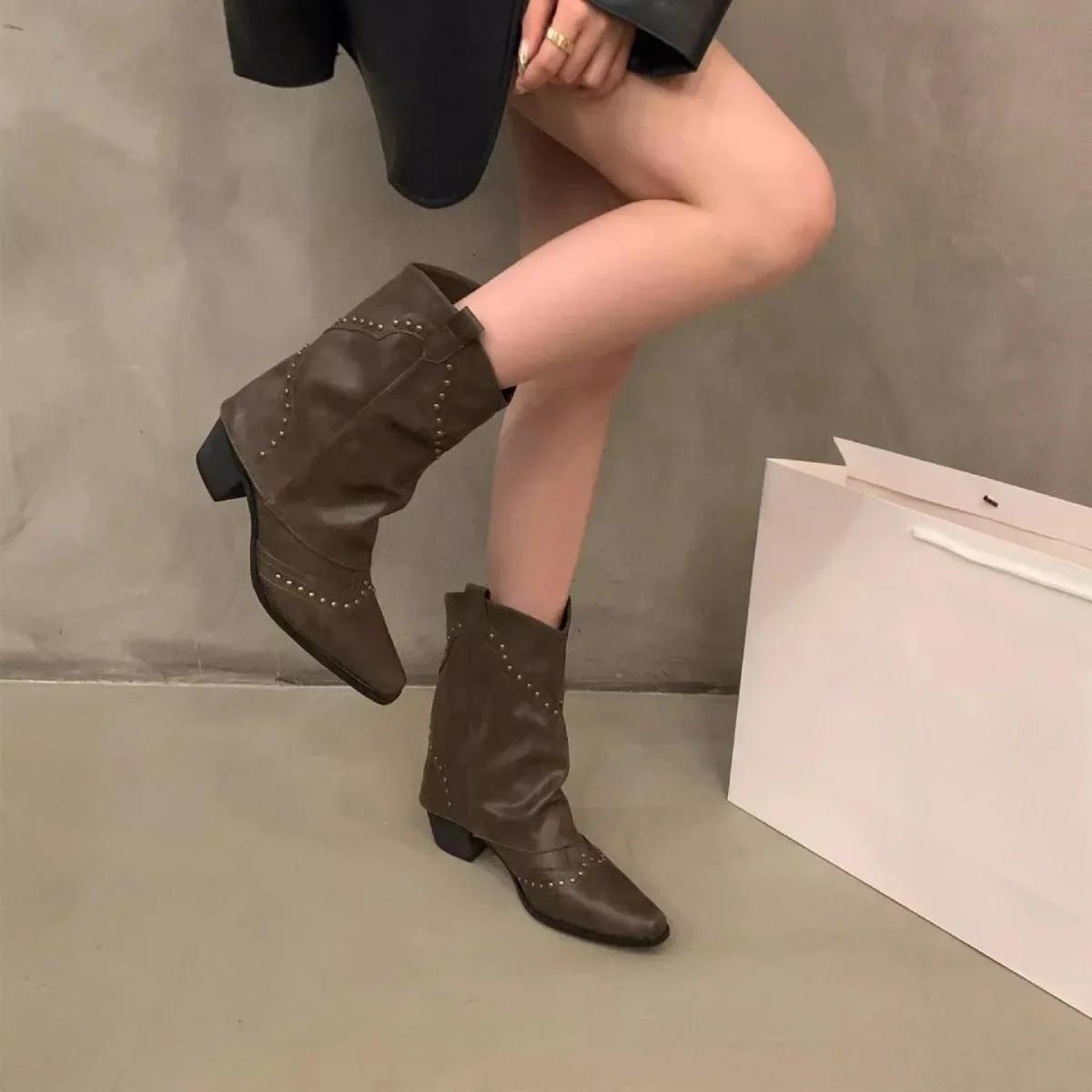 Женские сапоги Обувь для женщин Ковбойские сапоги в стиле вестерн Толстые каблуки Ретро — фото 6