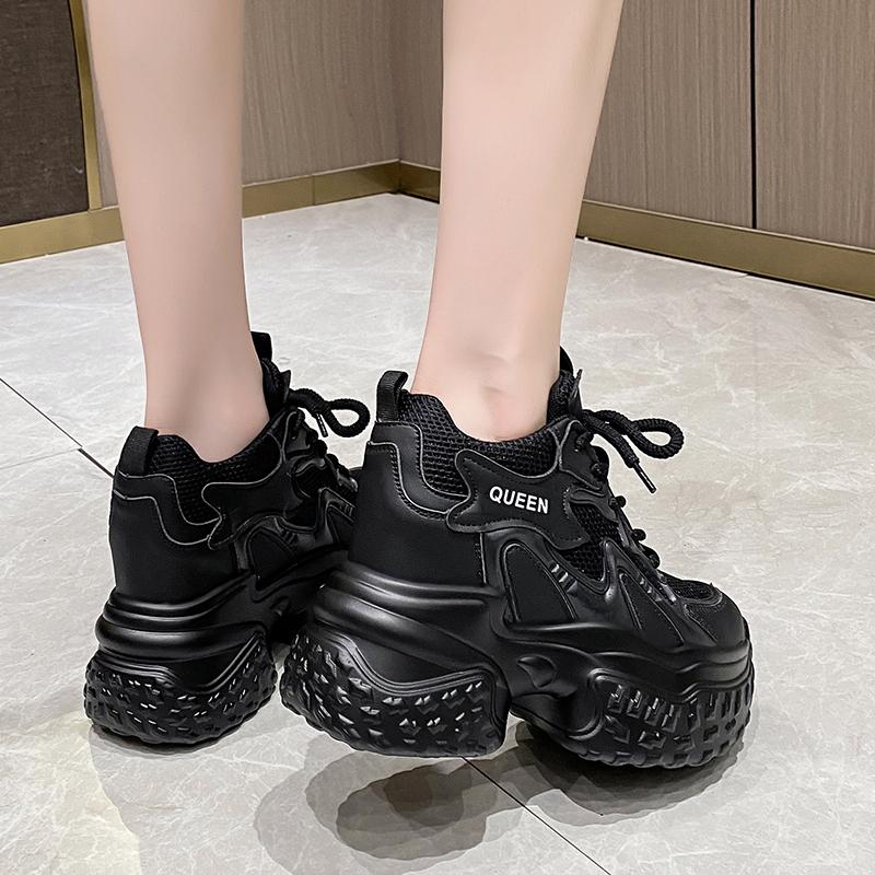 Fashion Spring Autumn Women Bling Chunky Sneakers Breathable Mesh Casual Shoes 10CM Wedge Heels Platform Shoes Fem Sports Dad Smehoes
