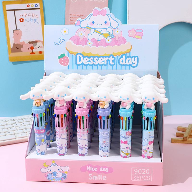 Sanrio 36Pcs Lovely Cinnamoroll Ten Color Ballpoint Pen, 0.7mm Cute Blue Dog Cartoon Shaped Pressing Drawing Graffiti Pen, Every Pen Is A Delightful