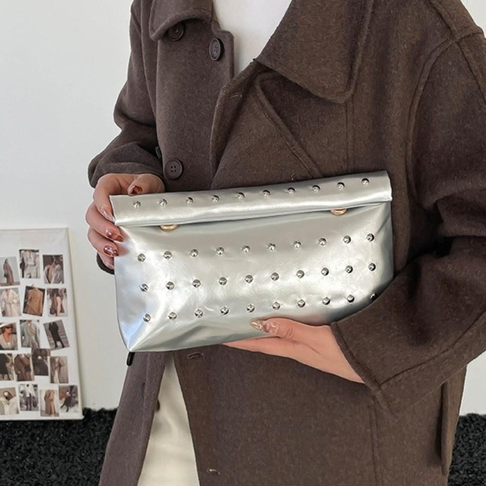 Large Capacity Rivet Envelope Clutch Bag Elegant Solid Metallic Sheen Handbag Daily
