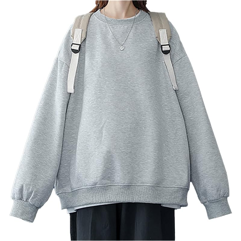 

[ big rough ] tops trainer drop shoulder big silhouette over- size Plain color long sleeve adult ladies (gray, 2XL)