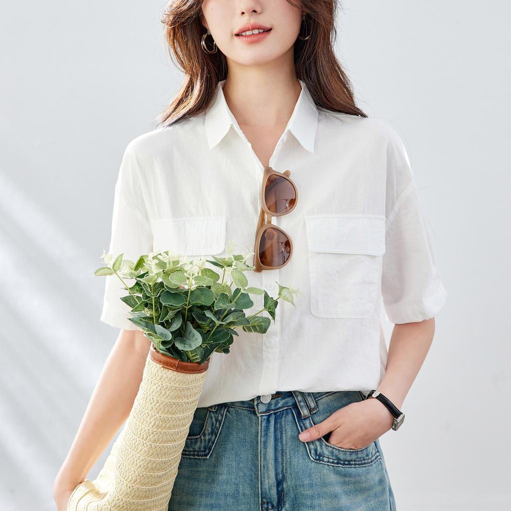 Latest Summer Korean Short-sleeved Blouse for Women Korean Relaxed Fit Double Pocket Thin Versatile Mid-sleeved V-neck