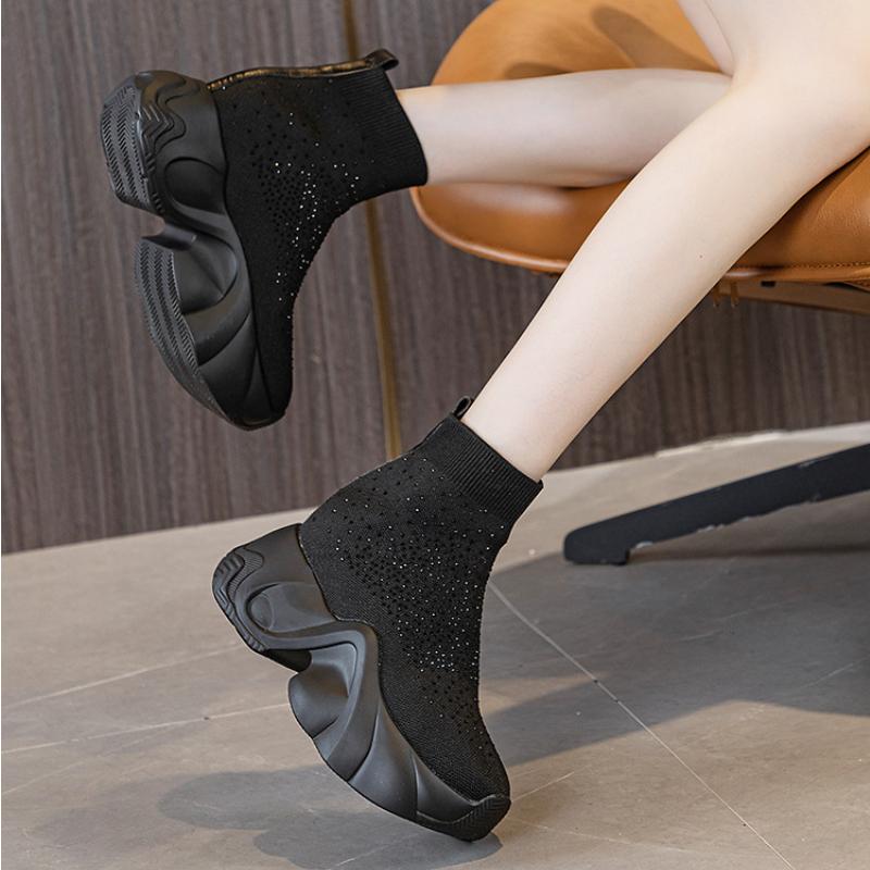 Moda Nuevo 8CM Botines de Punto Elástico Calcetín de Tela Plataforma Cuña Tobillo Slip on Primavera Otoño Moda Mujer Zapatos Bling de Pedrería