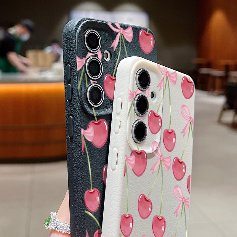 Crystal Cherry Fruits Bowknots Case For Samsung Galaxy A57 A37 A17 A56 A36 A26 A16 A55 A35 A25 A15 A54 5G S21 FE S22 S23 S24 Plus S25 Edge S26 Ultra