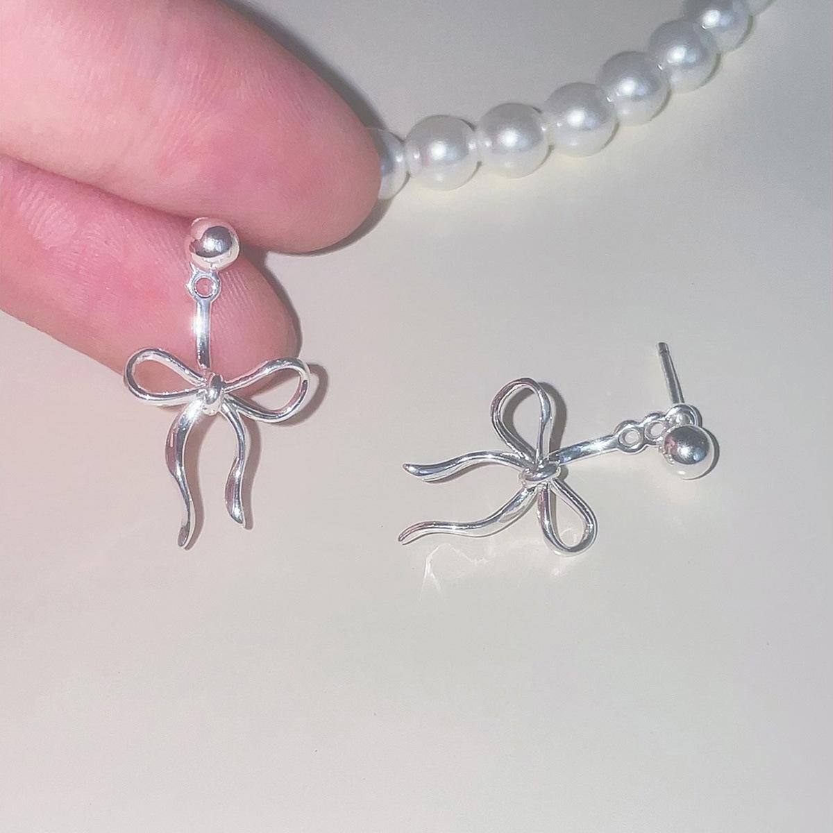 

925 silver needle rear hanging bow stud earrings female sweet and versatile high-end earrings niche design earrings 925 silver needles