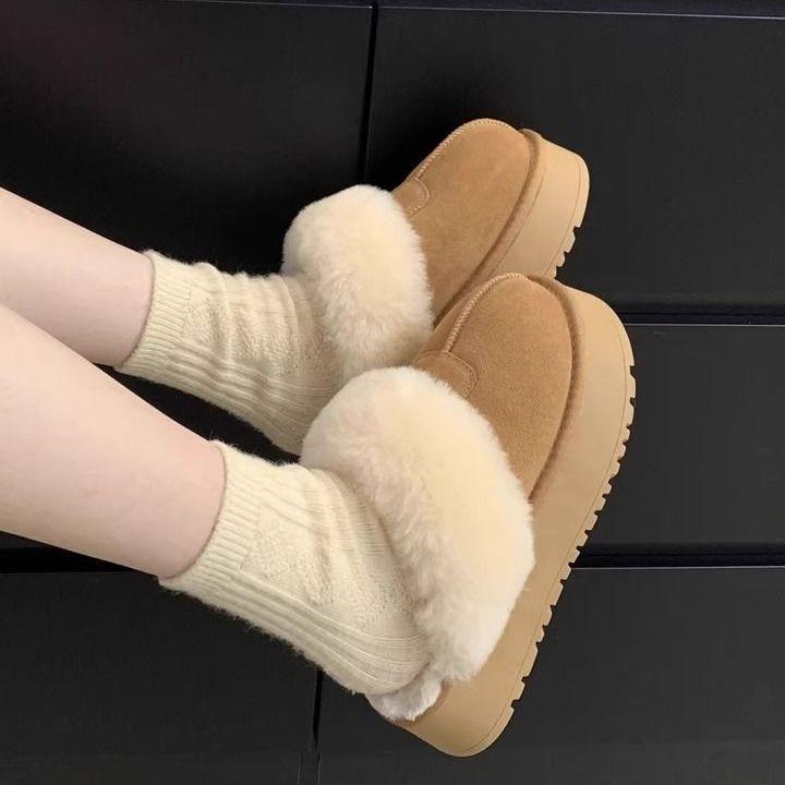 Thick-soled snow boots women's 2025 new winter heightening bag head half-drag fluffy slippers versatile Sangpo velvet cotton shoes