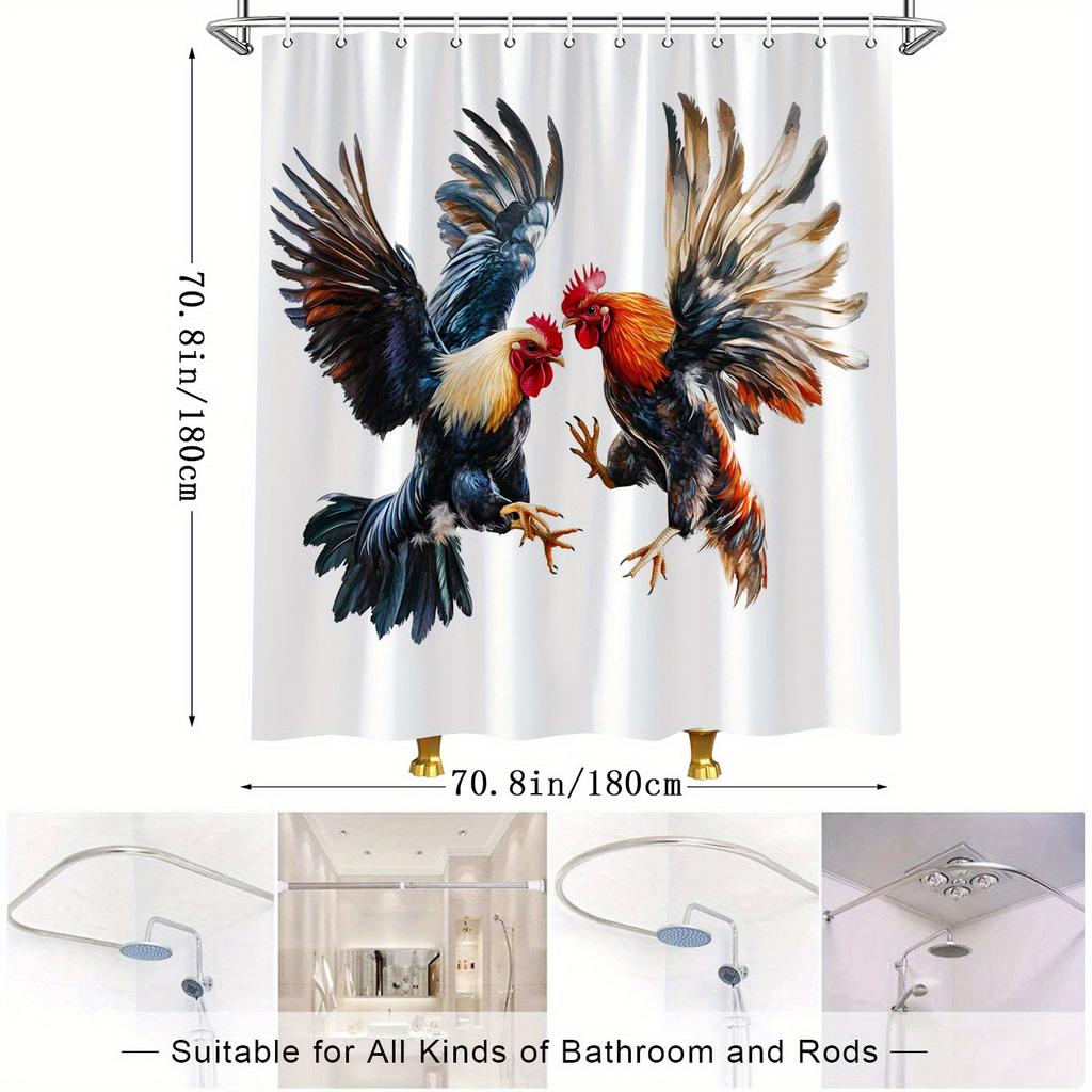 Vibrant Rooster Duo Mid-Air Digital Art Shower Curtain, Polyester Woven Fabric, Forest Theme with Detailed Feathers,