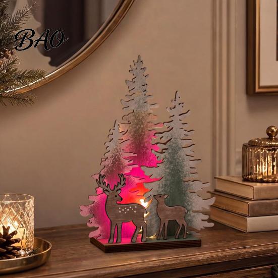 Festive Home Decoration Wooden Christmas Tree Table Decor with LED Light, Rustic Standing Sign Ornament Reindeer Santa Claus for Holiday Tiered Tray,