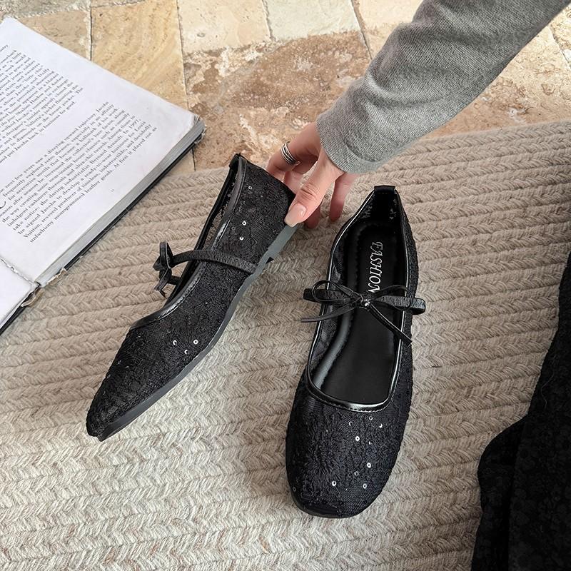 Gentle evening breeze bow ballet shoes girl 2025 new fairy hollow mesh lace embroidered shoes single shoes