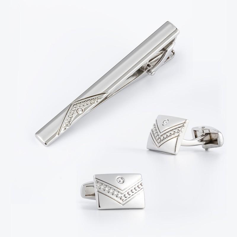 Round Inlaid White Rhinestone Alloy Set Men s Cufflink Natural серебряный