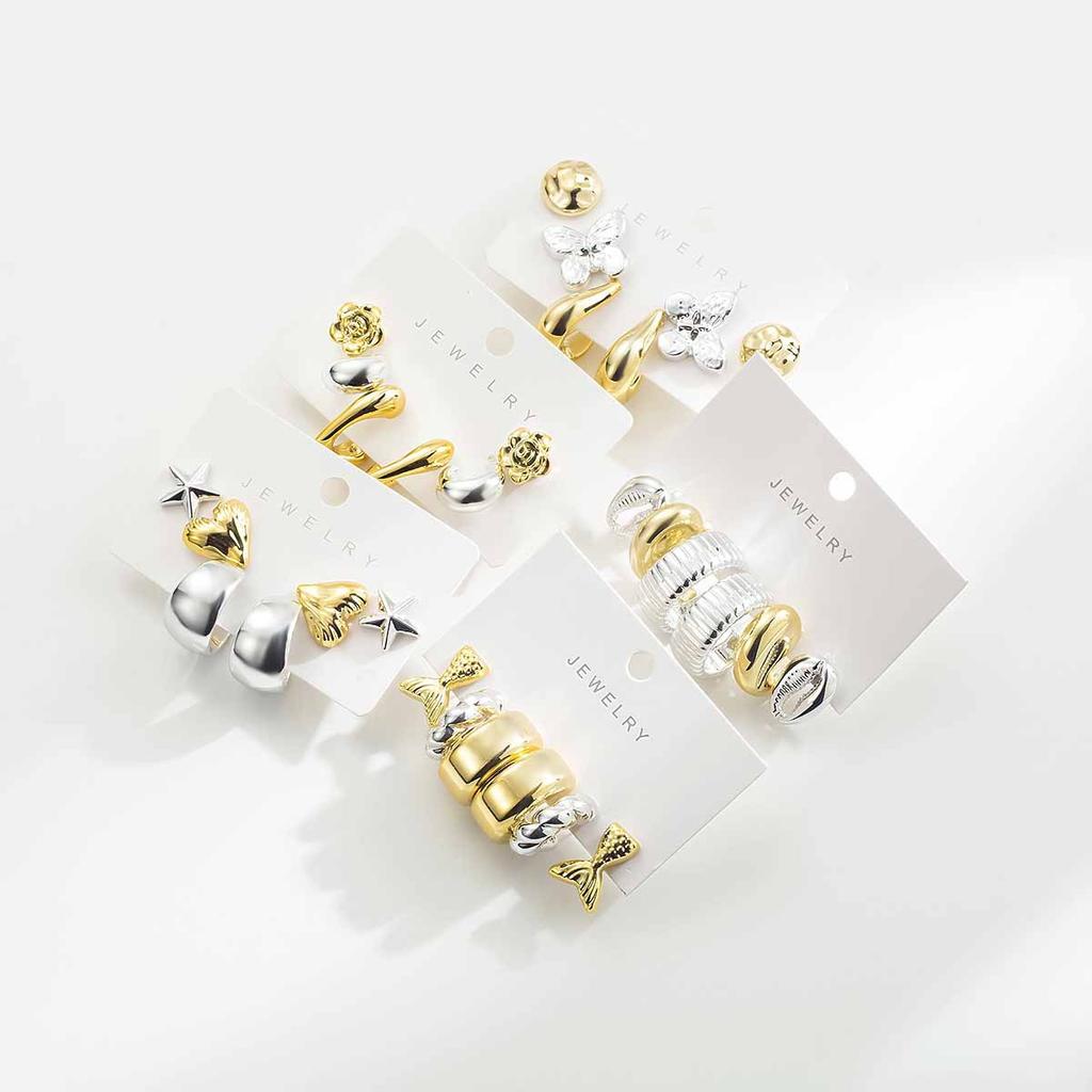 Women Fashion Two Tone Metal Multi Element Geometric Earrings Set C Shape Retro Luxury High Grade Ear Cuffs Studs Ear Jewelry