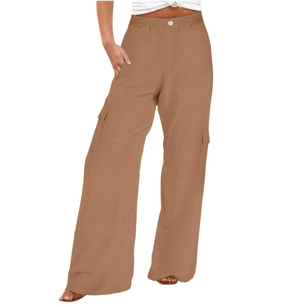Cargo Pants Women Cotton Linen Button Elastic Waist Wide Leg Trousers Summer Loose Fit Hiking Jogger Pant With Pocket