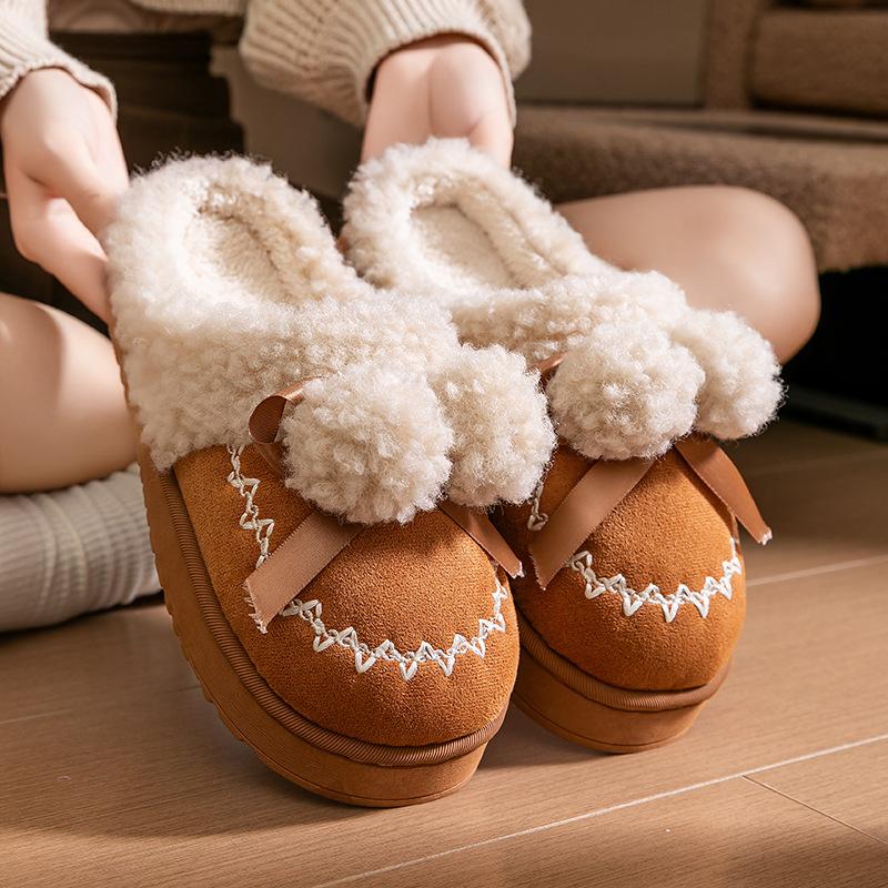 Cotton shoes cute hairball 2025 new non-slip thick-soled plush winter cotton slippers household warm plush shoes