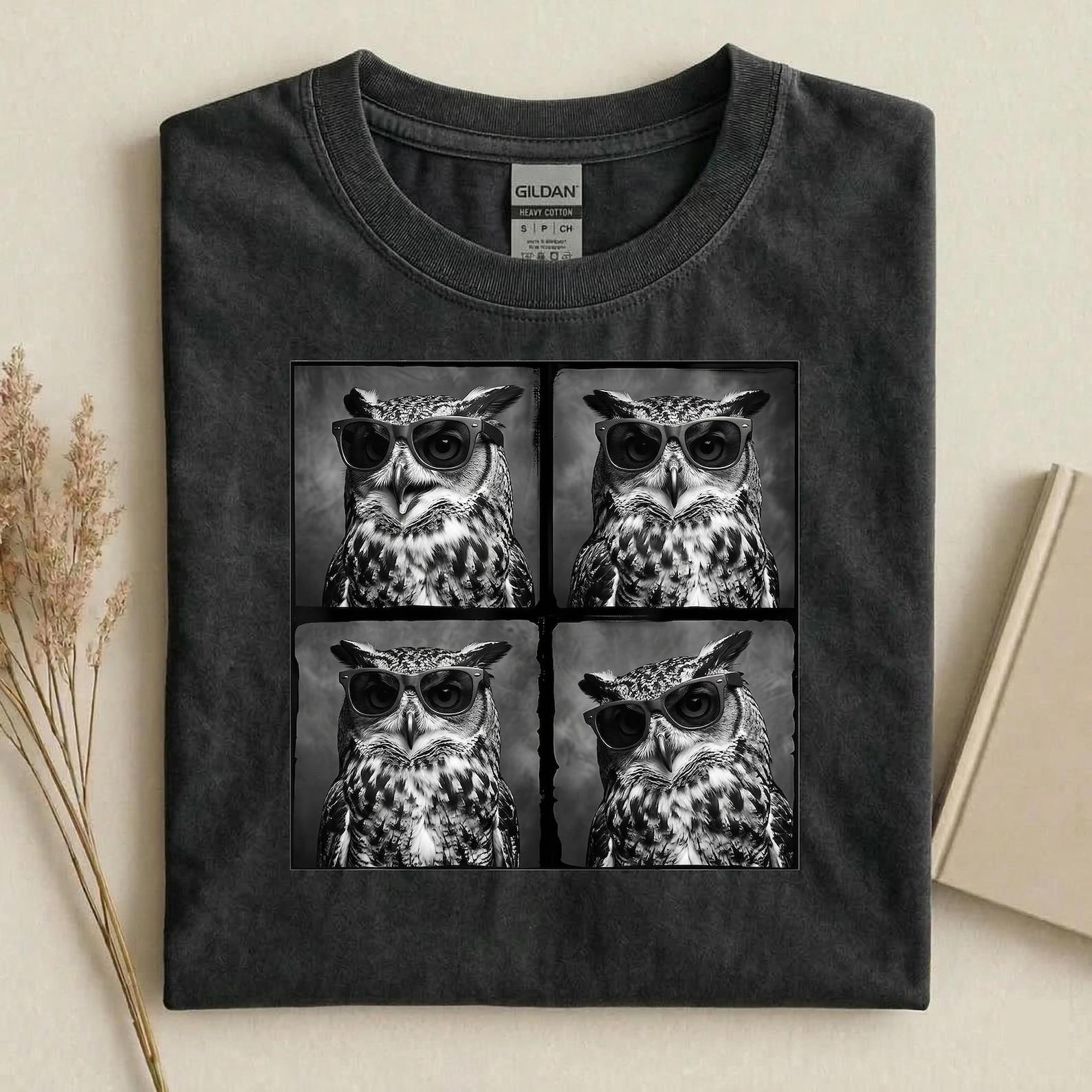 Cool Owl Sunglasses Shirt, Funny Owl Graphic Tee, Black and White Animal Shirt, Trendy Wildlife Lover Gift 3XL