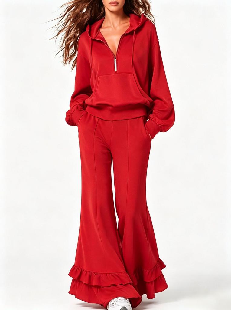 2026 Amazon popular women's clothing casual hooded half-zipper sweater set ruffle edge flared pants two-piece set women