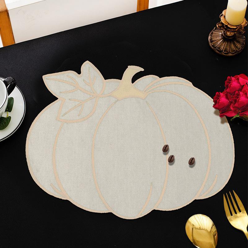 Embroidered Leaf Pumpkin Placemat Natural Cotton Linen Non-Slip Heat Resistant Table Mat for Farmhouse Style Dining Table Decor