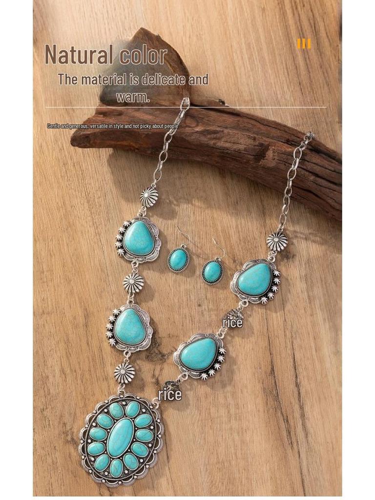 European & American Retro Turquoise Necklace and Earring Set