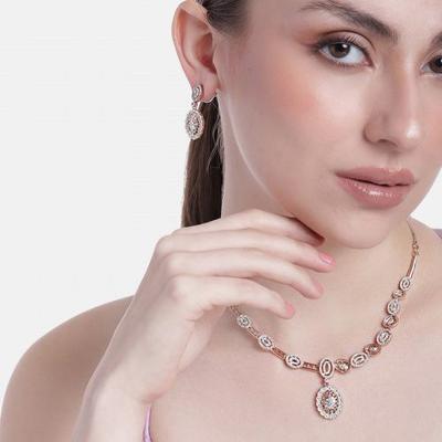 Attractive Elliptical Designer Rose Gold Plated Zirconia Necklace Set For Women