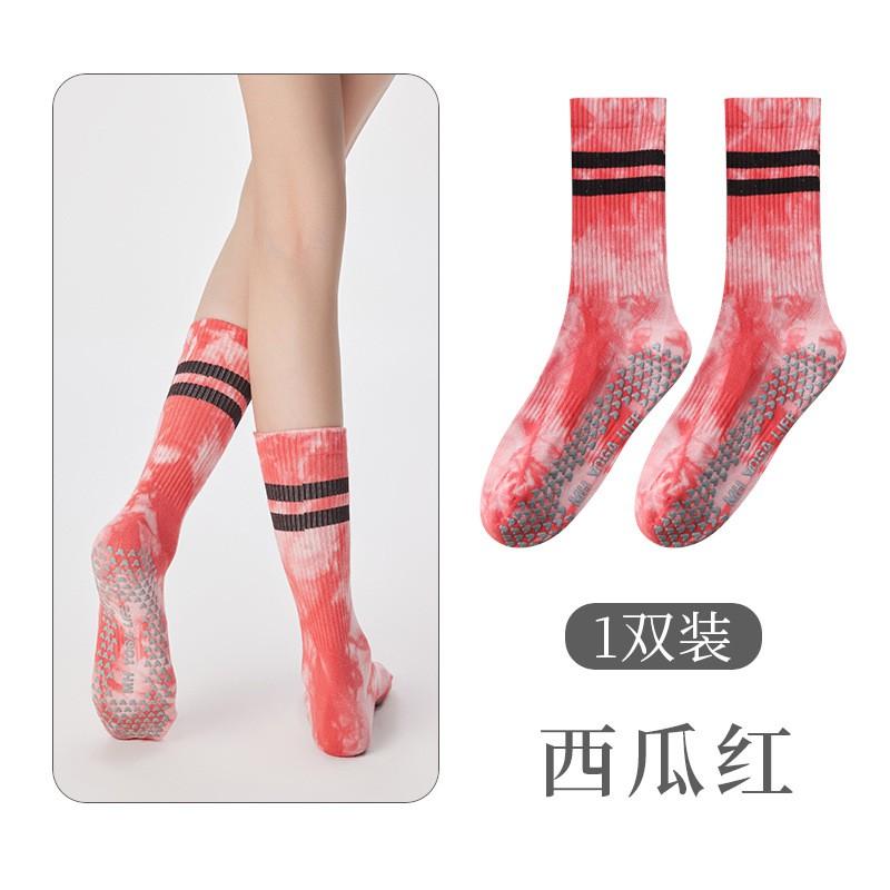 Non-Slip Yoga Socks Women Mid-Calf Cotton Blend Pilates Indoor Workout With Tie-Dye