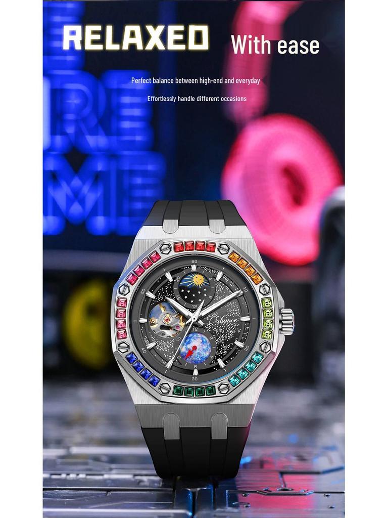 Durenwei Herren Wasserdicht Leuchtend Regenbogensterne Edelstahl Mechanische Uhr