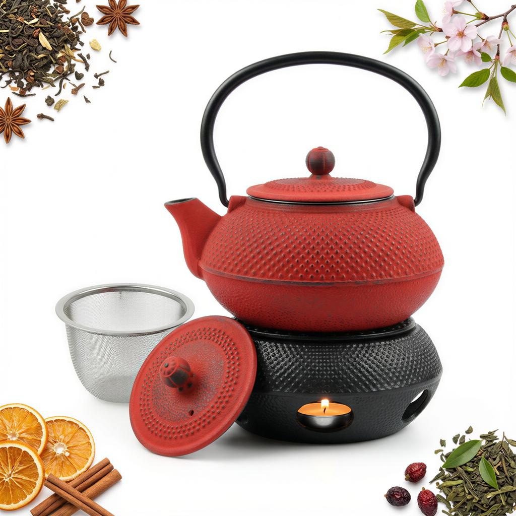 Kettle Cast Iron 1.5 L Infuser Tea Strainer Candle Warmer