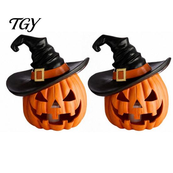 Beschwerte Vollharzfiguren Halloween Kürbis Ornament mit Hexenhut, Jack O Lantern Dekorative Lampe, Gruselige Skript Killing Requisiten Spooky