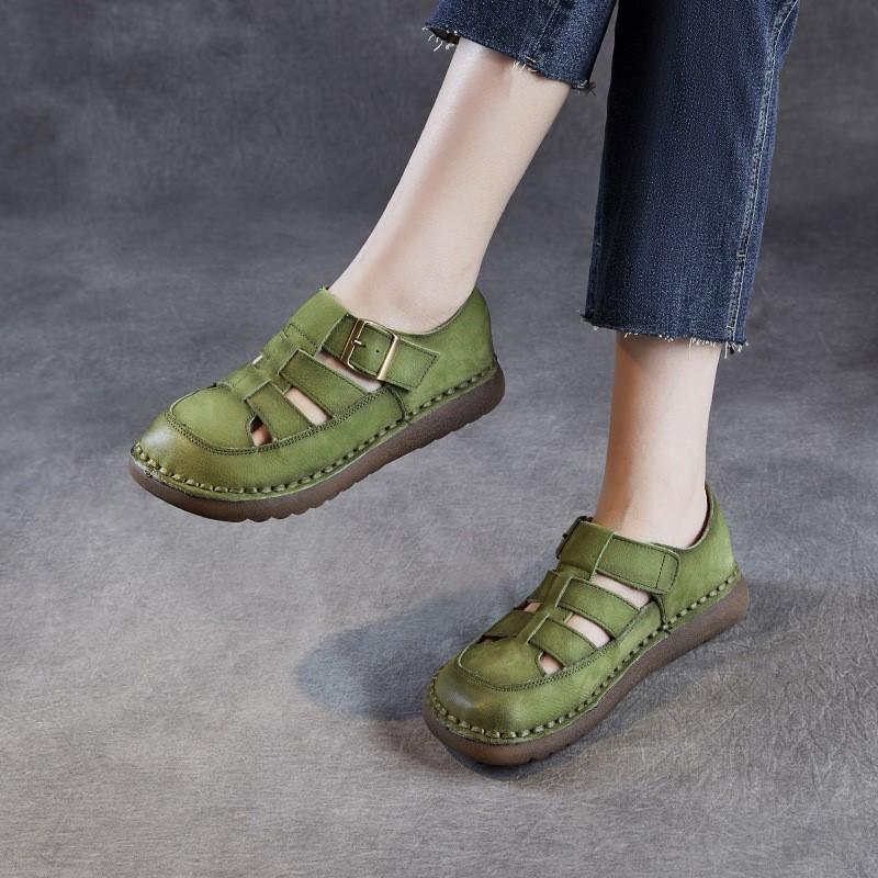 Johnature Genuine Leather Retro Round Toe Sandals Hollow-out Breathable Versatile Women's Flat Shoes