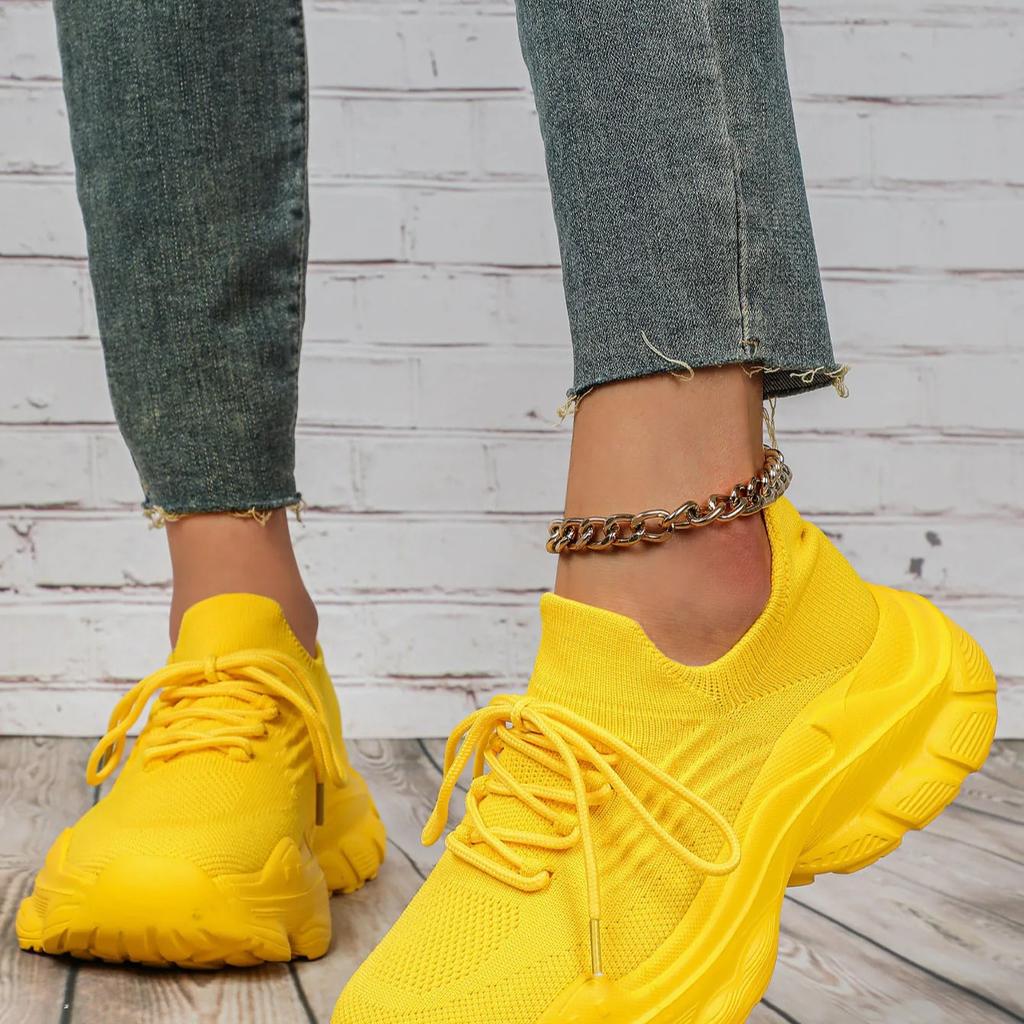 Unisex Chunky Sneakers Breathable Knitted Yellow Platform Running Shoes Lightweight Casual Sports Footwear for Jogging Training