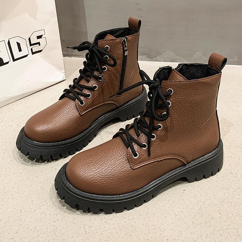 

Fashion The new large-sized round-toe lace-up short-top leather boots for women with thick heels and lychee patterns in the autumn of 20 35 коричневый