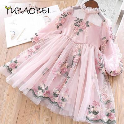 Spring Girls Long Sleeve Dress Flower Embroidered Pink Princess Dress for Girls Children's Clothes Lace Puff Sleeve Palace Gown