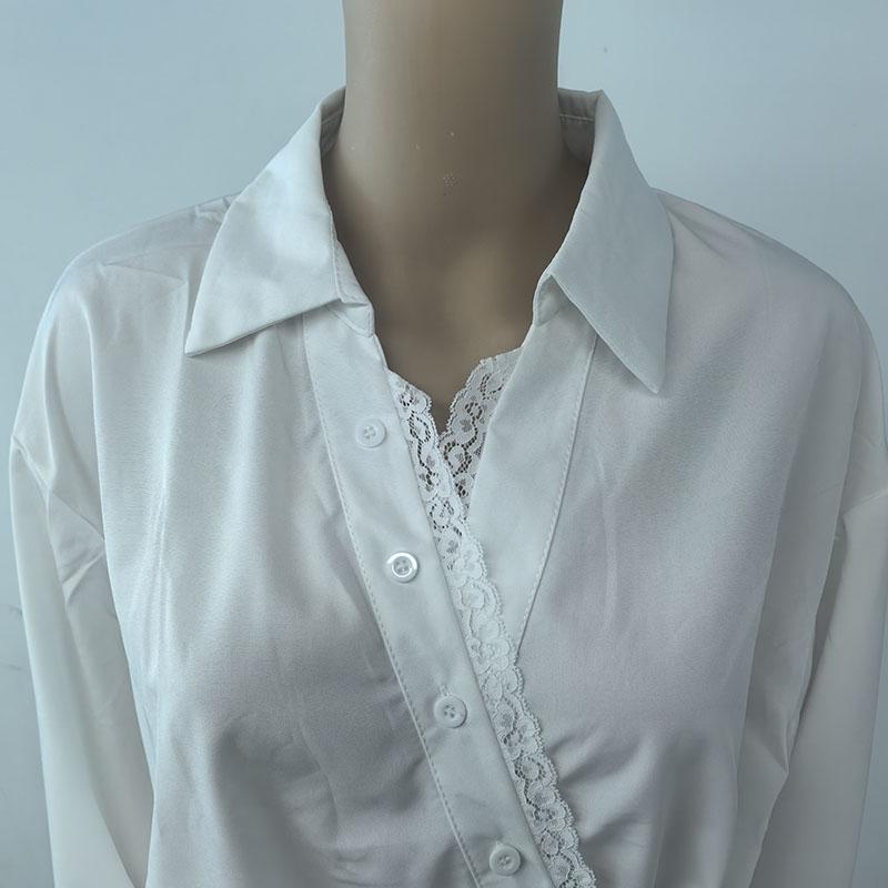 French Retro Lace Patchwork V-Neck Shirts Women Fashion Irregular Bandage Long Sleeve Shirt Woman Korean Design White Blouse