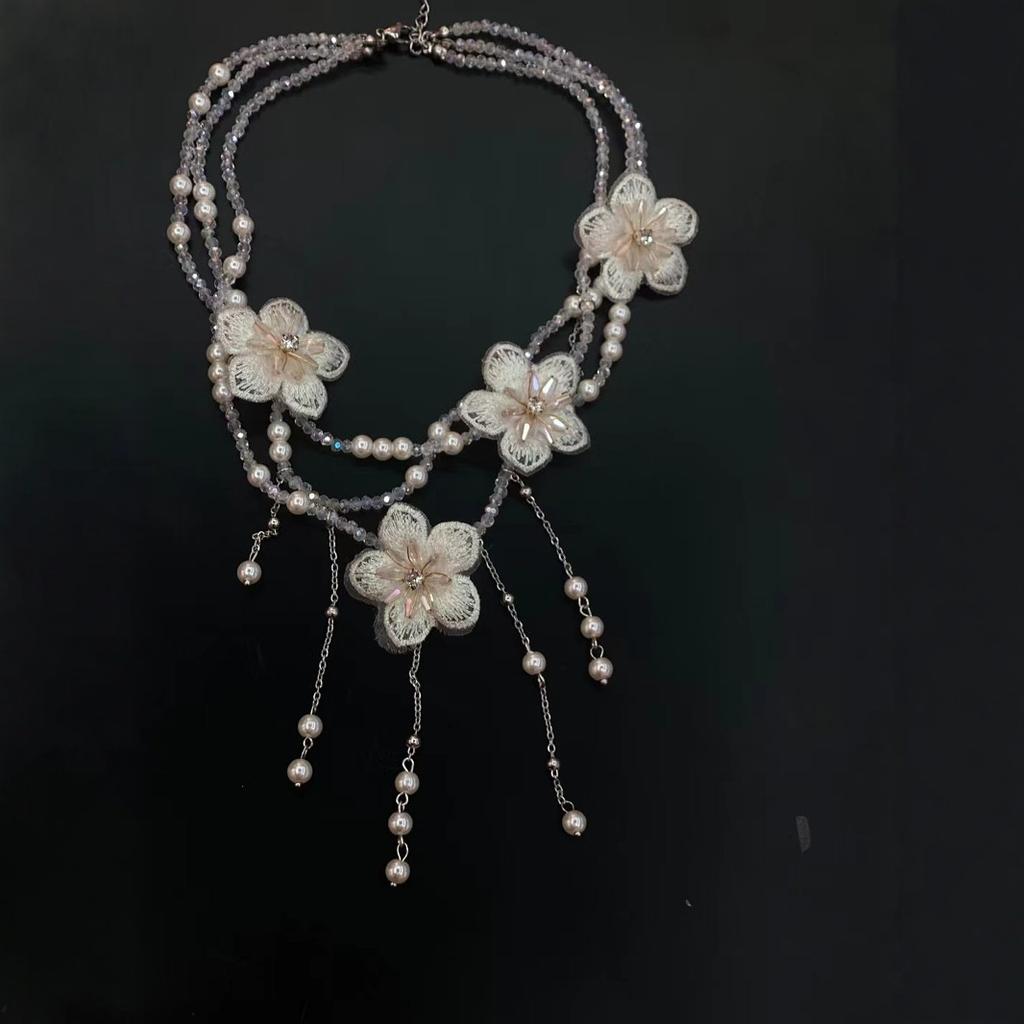 Multi-layered Imitation Crystal Beaded Necklace, White Flower Embellished Imitation Pearl Pendant, Fringed Collarbone Chain