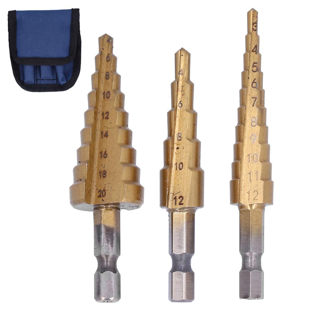 3Pcs High Speed Steel Step Drill Bit Set Hex Shank Straight Flute with Storage Pouch