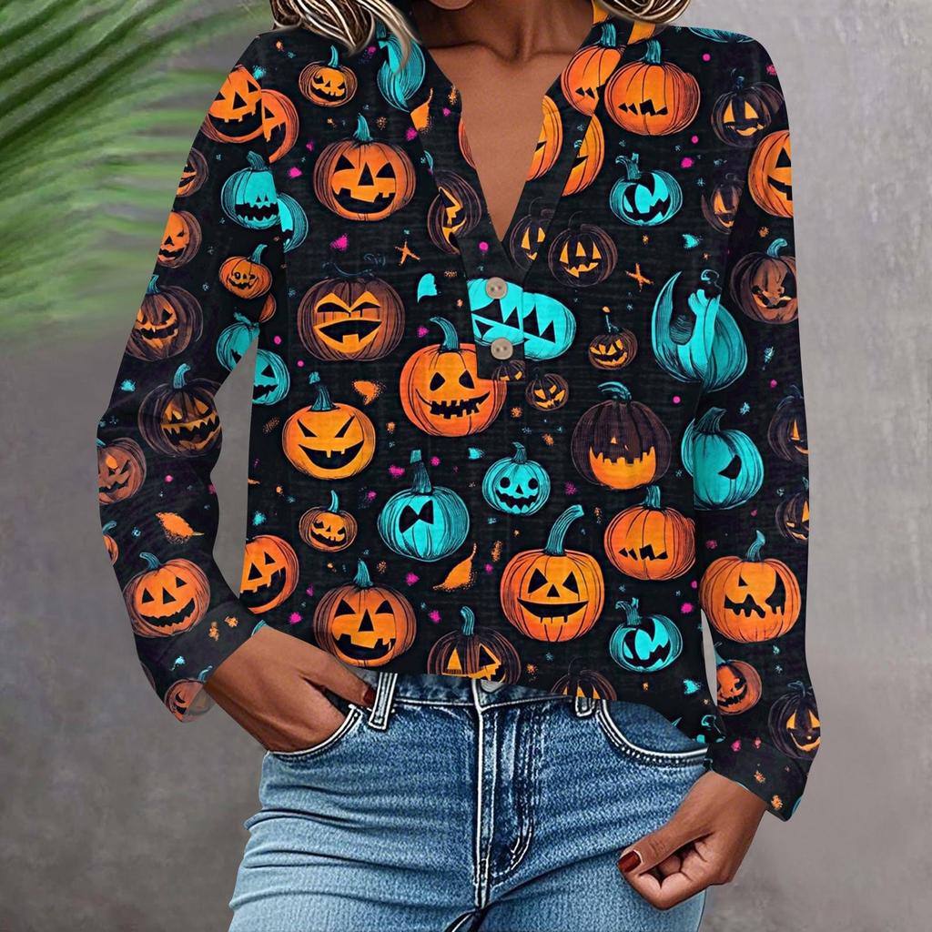 Dame Moteabel Og Casual Skjorte Langermet V-hals Knapp Trykt Bluse Topp