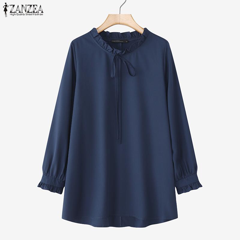 ZANZEA Dame Casual Rund Hals Ensfarget Løs Langermet Bluse
