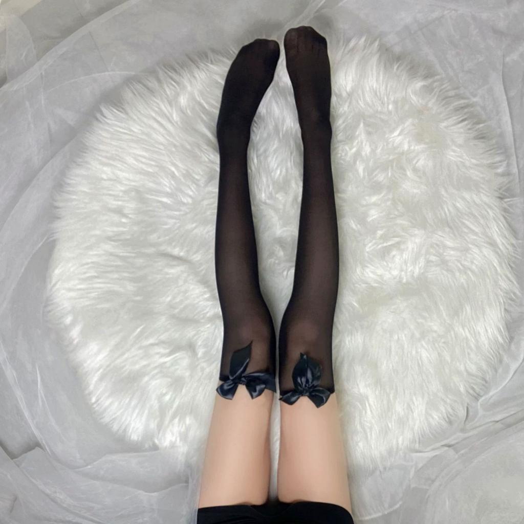 Black Stockings Female Jk Fishnet Stockings Bow Lace Stockings Ultra-thin Sexy Pure Desire Non-slip Outer Stockings