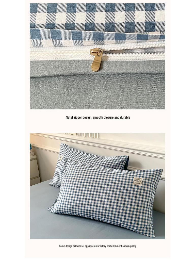 Muji Style Plaid Peach Fuzz Cotton Bedding Set: Skin-friendly Bed Sheet, Fitted Sheet, Duvet Cover - 3 or 4 Piece Options for Dorm.