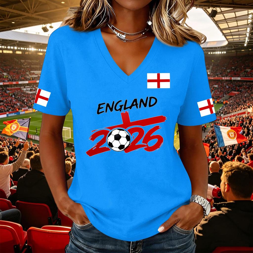 Women's Casual V Neck Short Sleeve Pullover Top Football Flag Print Support Tee Shirt for Sports Events